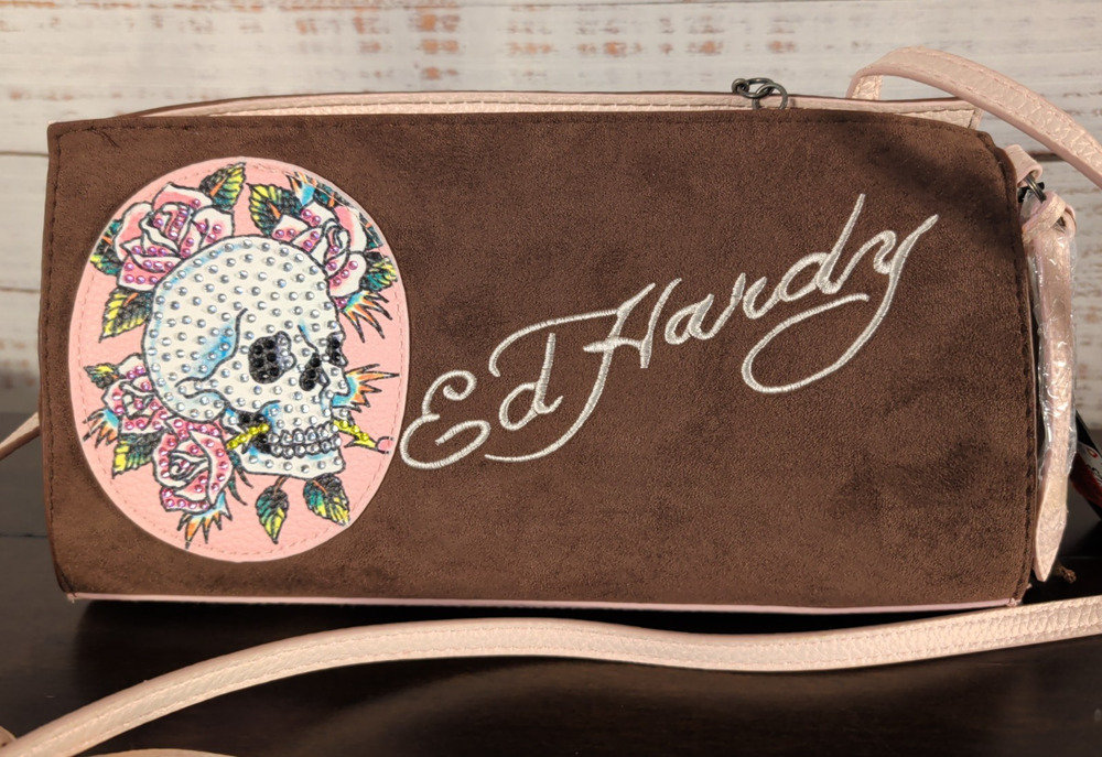 Ed Hardy Brown Small Skull & Rose Crossbody Bag Zip Closure w/ Detachable Strap
